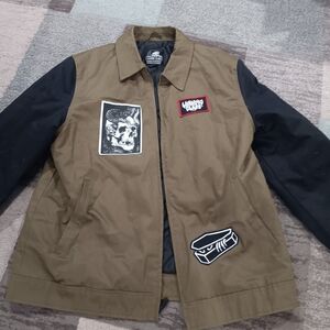 Men's Black and Brown Jacket with Patches